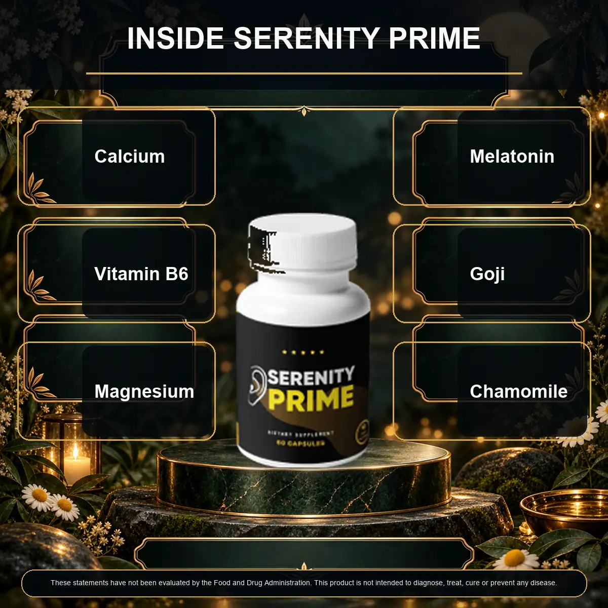 The seller's Inside Serenity Prime graphic naming six ingredients
